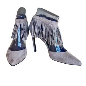 Stuart Weitzman Fringelica Grey Suede Fringe Ankle Strap D' Orsay Pumps …